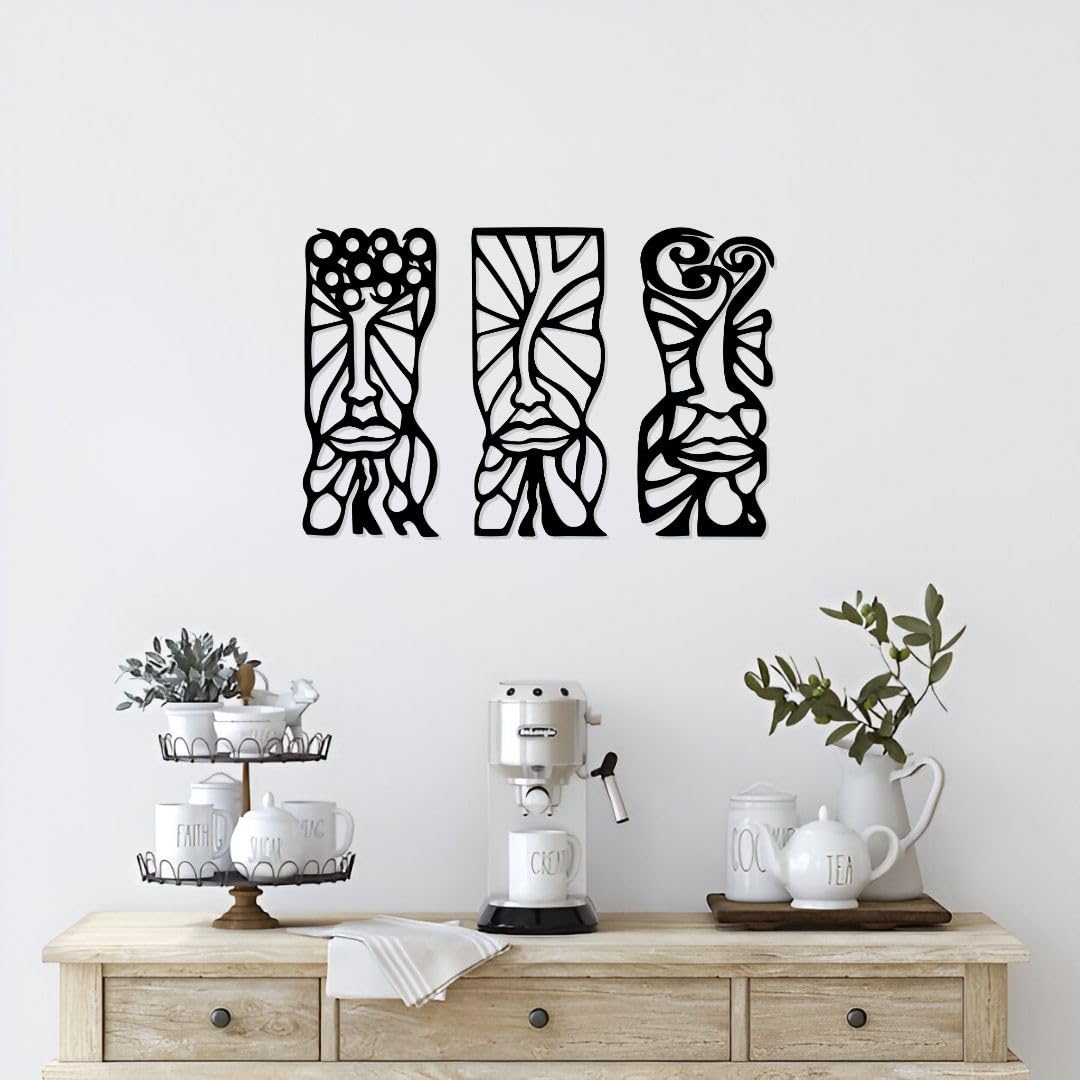 Artrooms Abstract Trio Face Metal Wall Art - Wall Decoration | Wall Hanging (17x13 Inch) | Black Matte Finish