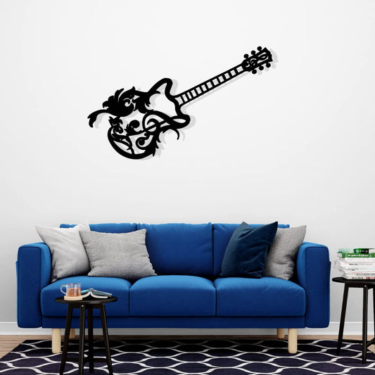 Artrooms Guitar Metal Wall Art - Wall Decoration | Wall Hanging (25x10 inch) | Black Matte Finish