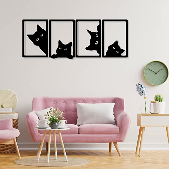 Artrooms 4 Cat Metal Wall Art - Wall Decoration | Wall Hanging (48x18 inch) | Black Matte Finish