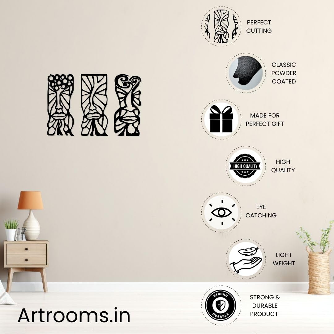Artrooms Abstract Trio Face Metal Wall Art - Wall Decoration | Wall Hanging (17x13 Inch) | Black Matte Finish