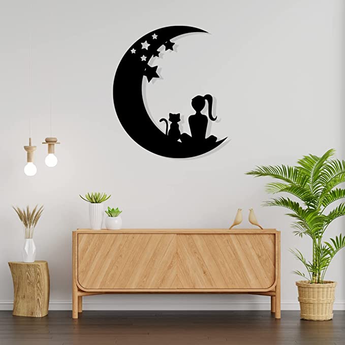 Artrooms Moon Girl Metal Wall Art - Wall Decoration | Wall Hanging (22x25 inch) | Black Matte Finish
