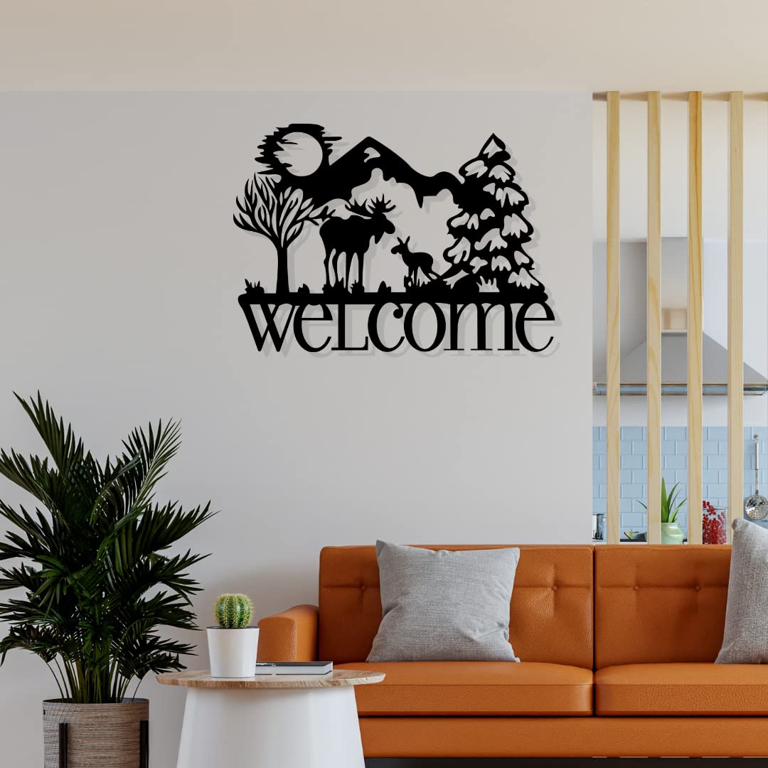 Artrooms Welcome Metal Wall Art - Wall Decoration | Wall Hanging (25x18 inch) | Black Matte Finish