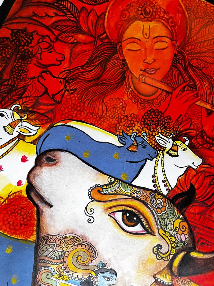 Krishna & Cows Pichwai Madhubani Fusion Painting | Original Handmade Acrylic Art