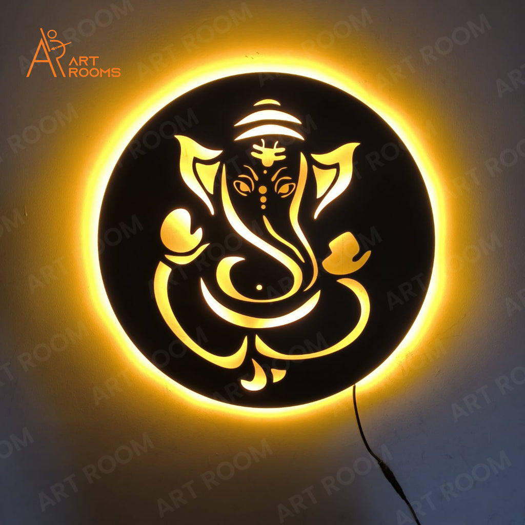 Lord Ganesha Metal Wall Art With Light – LED Backlit Round Wall Décor