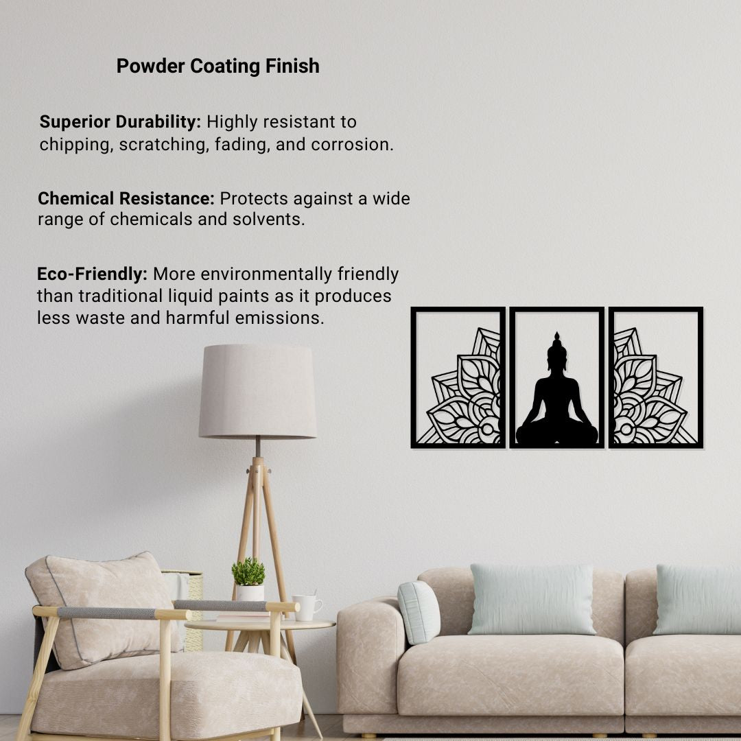 Buddha metal wall art with a powder coating finish, showcasing durability and eco-friendliness in a stylish living room setting.