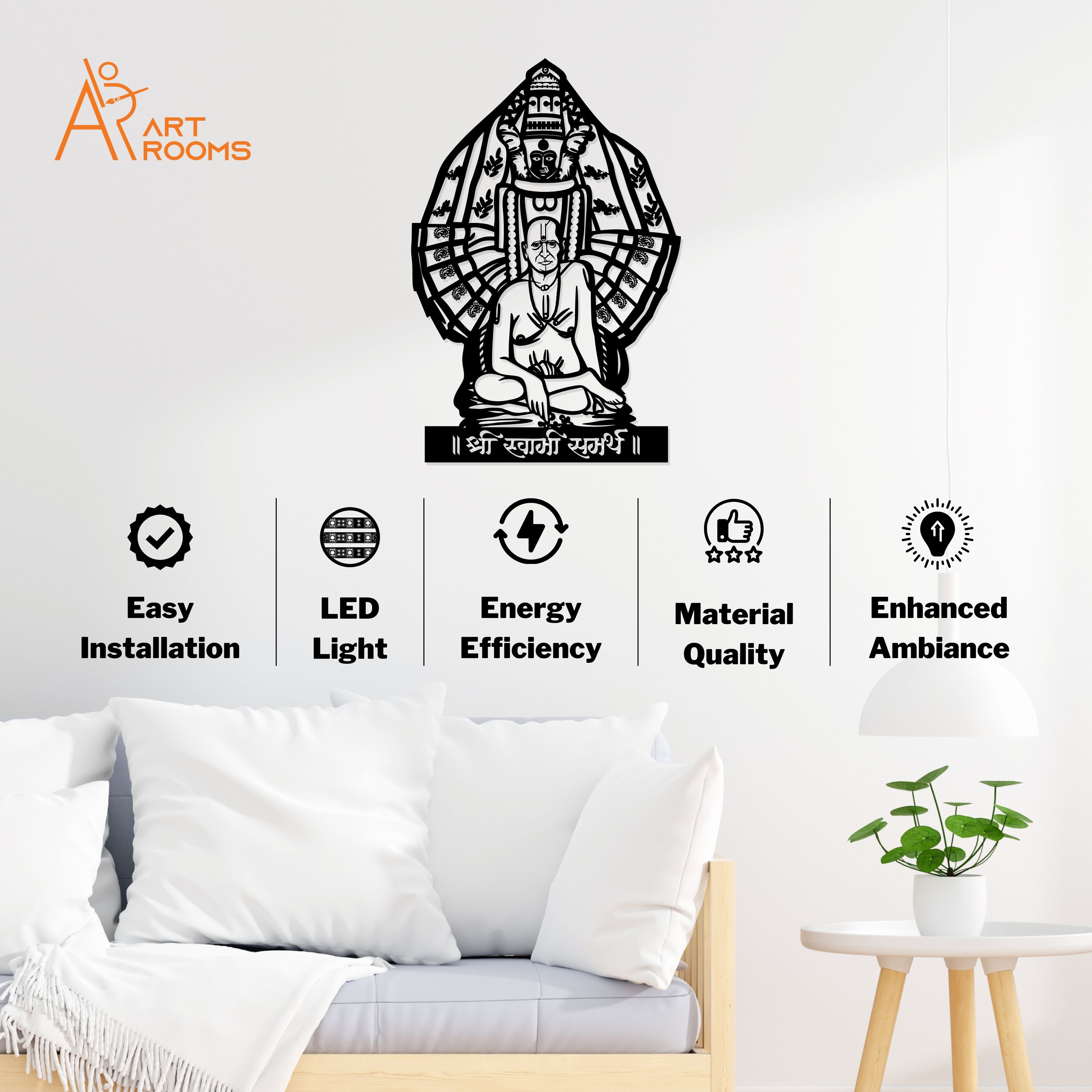 Mahalaxmi Samarth Metal Wall Art With LED Light – Easy Install Spiritual Wall Décor