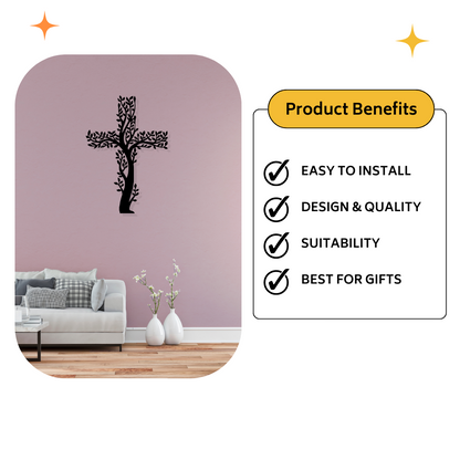 Artrooms Cross Tree Metal Wall Art - Wall Decoration | Wall Hanging (17x25 inch) | Black Matte Finish