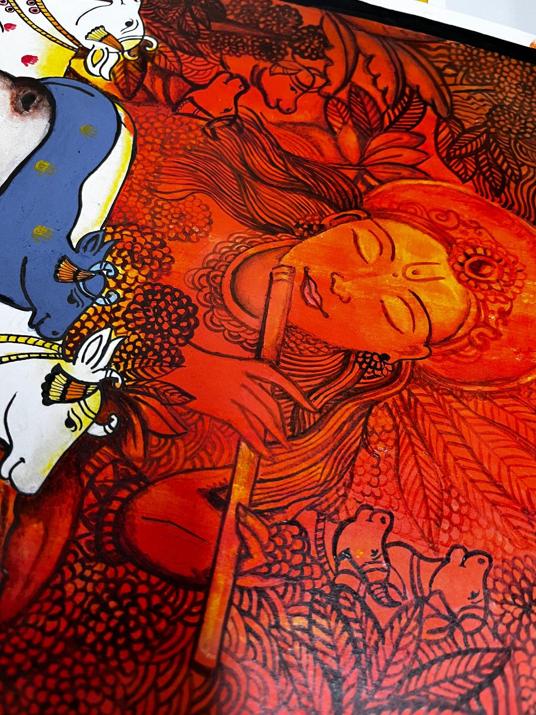 Krishna & Cows Pichwai Madhubani Fusion Painting | Original Handmade Acrylic Art