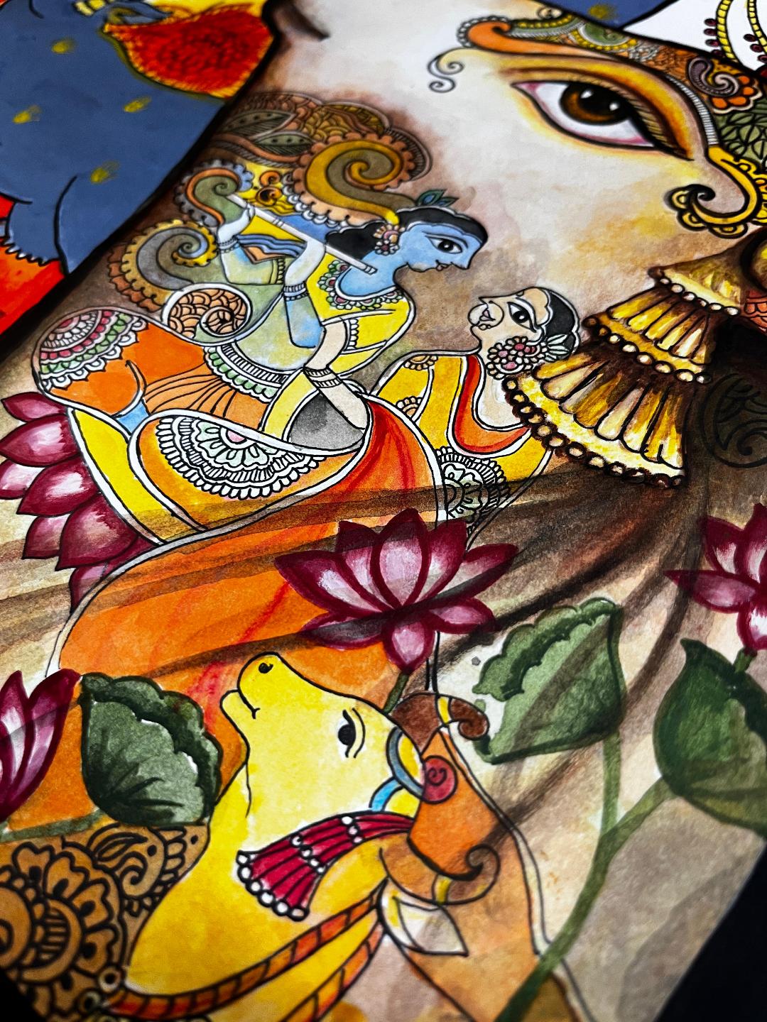 Krishna & Cows Pichwai Madhubani Fusion Painting | Original Handmade Acrylic Art