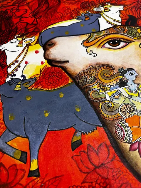 Krishna & Cows Pichwai Madhubani Fusion Painting | Original Handmade Acrylic Art