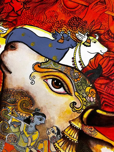 Krishna & Cows Pichwai Madhubani Fusion Painting | Original Handmade Acrylic Art