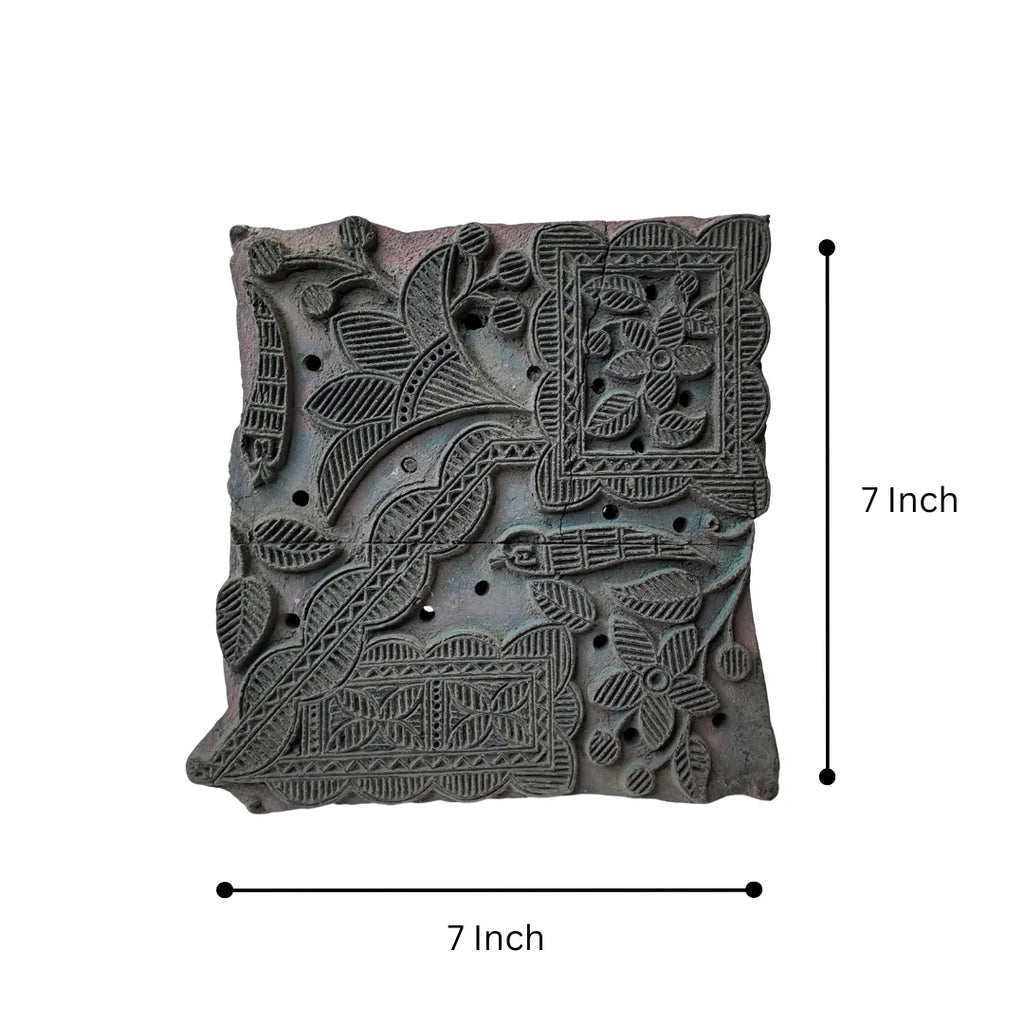 Vintage Hand-Carved Wooden Printing Block – Bird & Floral Panel