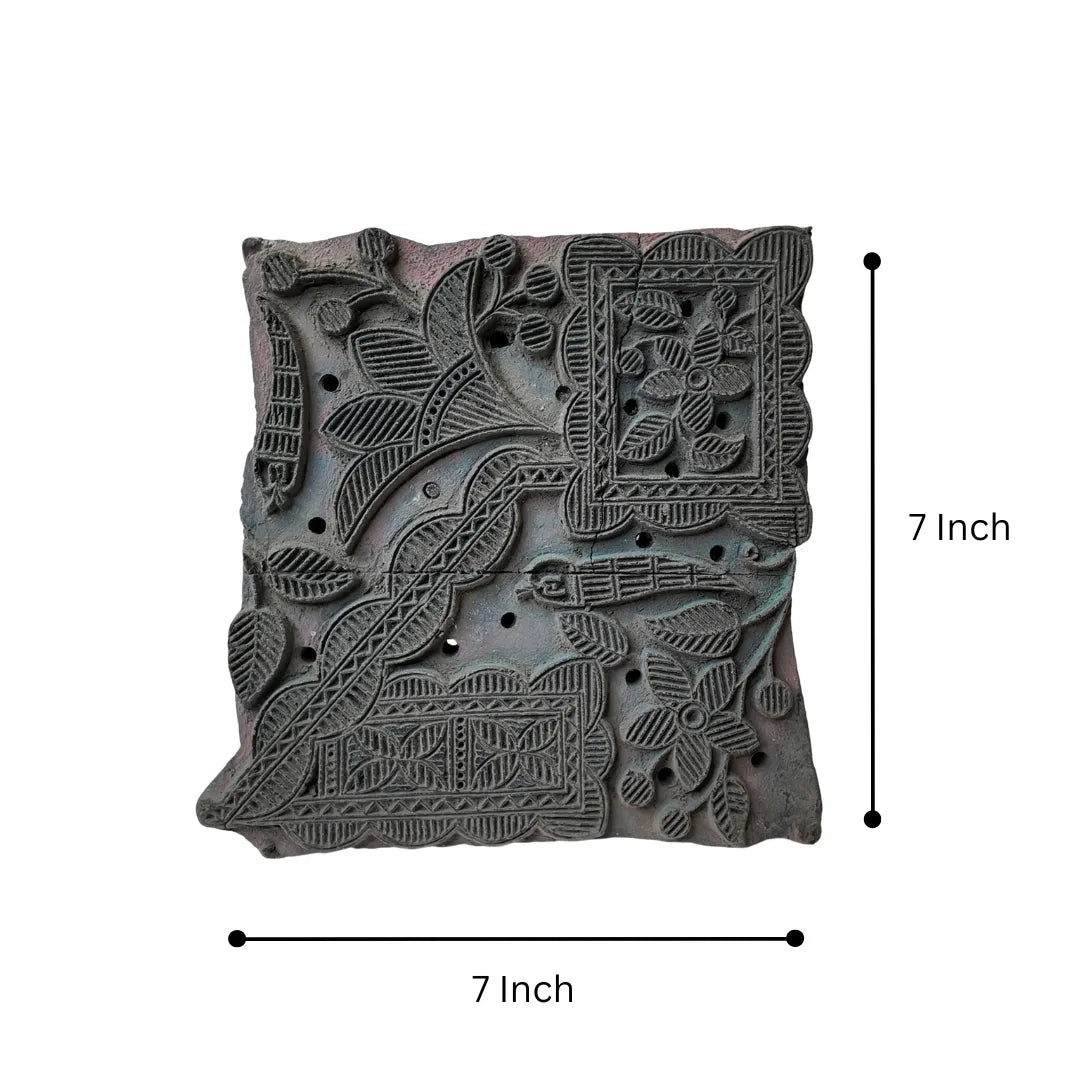 Vintage Hand-Carved Wooden Printing Block – Bird & Floral Panel