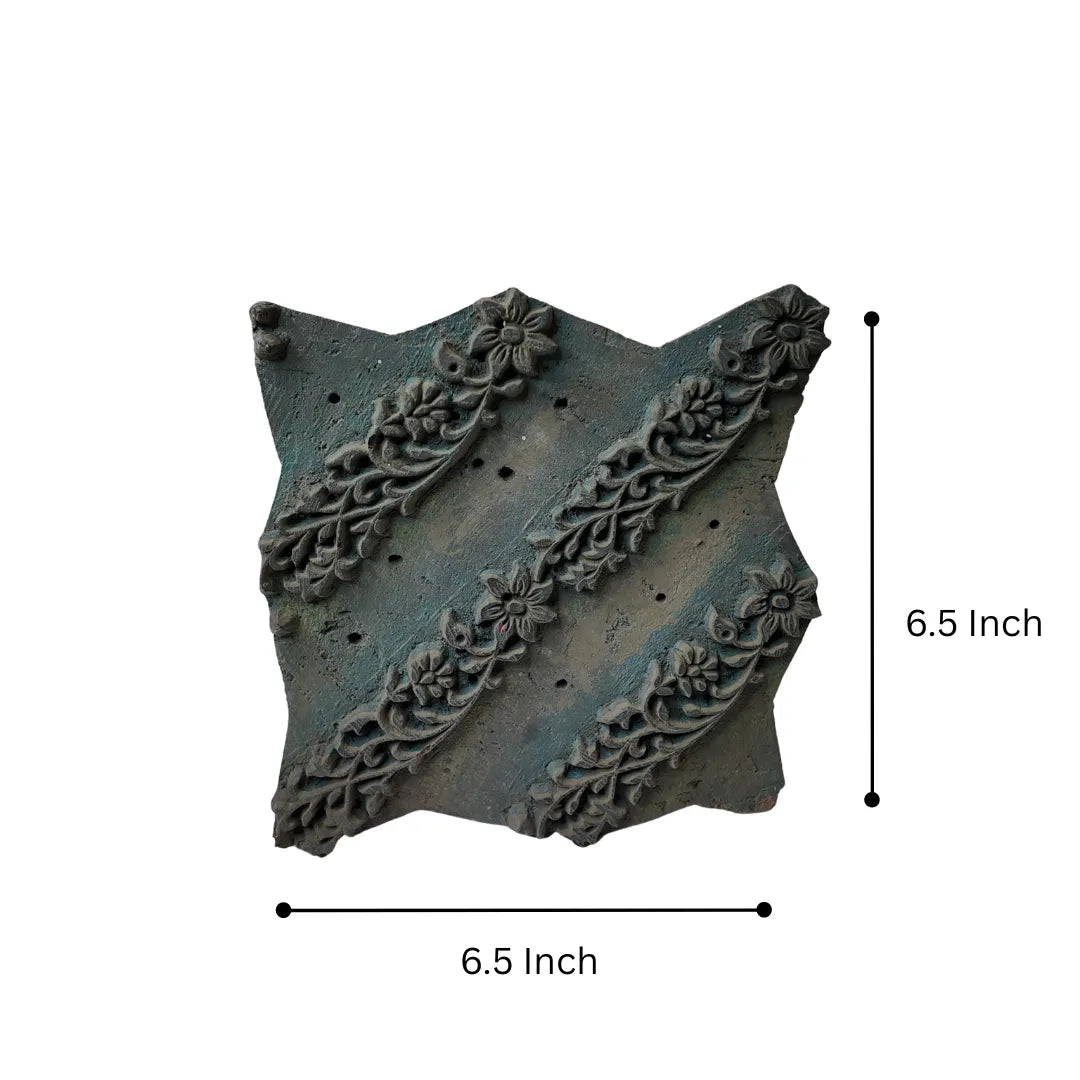 Vintage Hand-Carved Wooden Printing Block – Diagonal Floral Stripes