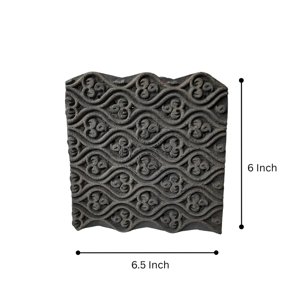Vintage Hand-Carved Wooden Printing Block – Trefoil Wave Lattice