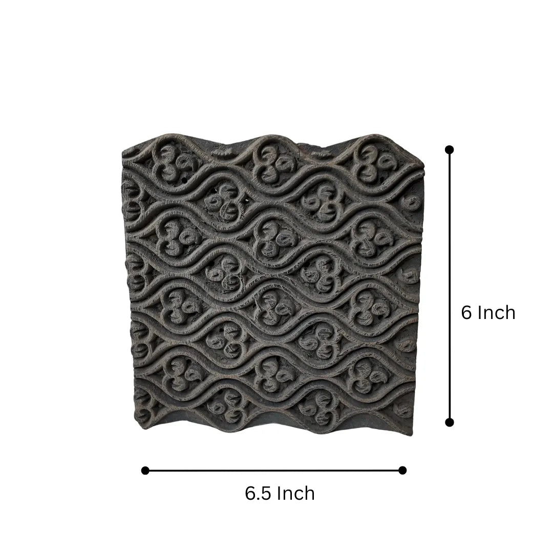 Vintage Hand-Carved Wooden Printing Block – Trefoil Wave Lattice