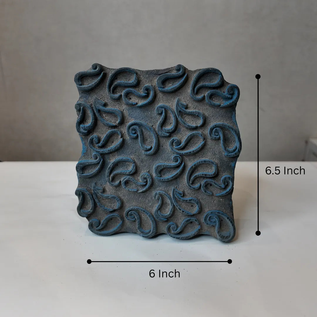 Vintage Hand-Carved Wooden Printing Block – Swirling Paisley Grid
