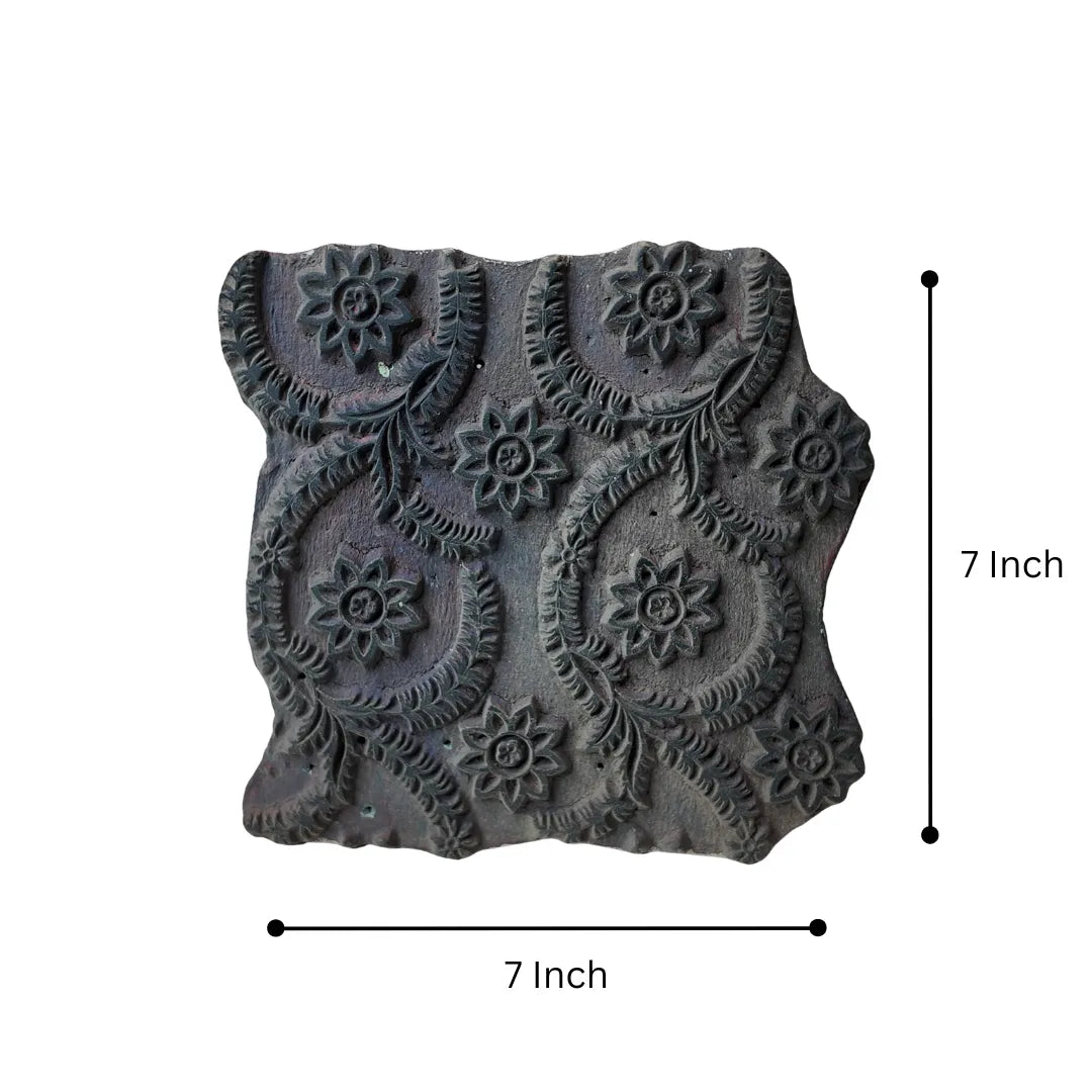 Vintage Hand-Carved Wood Printing Block – Floral Wreath Medallion