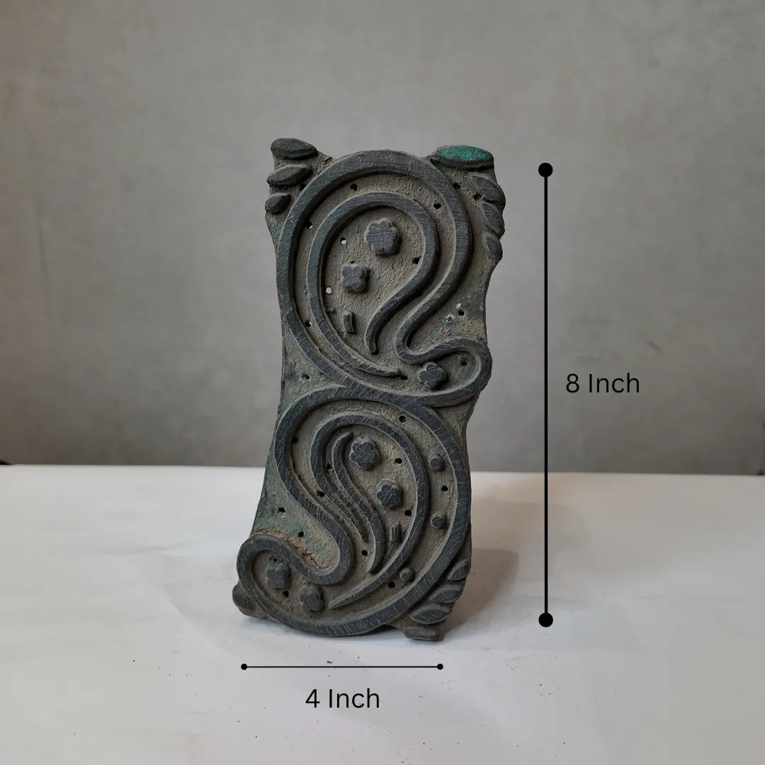 Vintage Hand-Carved Wooden Printing Block – Double S-Curve Paisley Scroll