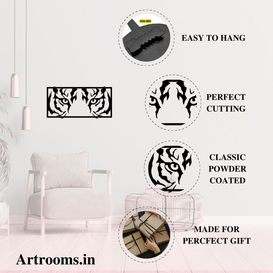 Artrooms Tiger Eyes Metal Wall Art – 24x12 inch | Wild Animal Face Wall Decor for Living Room, Bedroom, Office | Black Matte Finish
