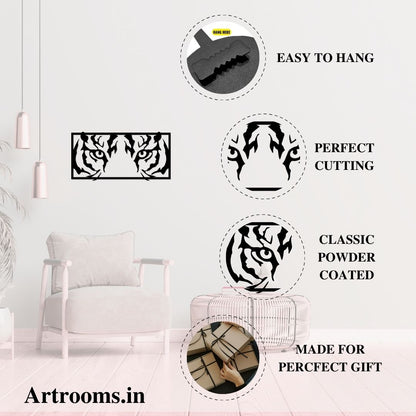 Artrooms Tiger Eyes Metal Wall Art – 24x12 inch | Wild Animal Face Wall Decor for Living Room, Bedroom, Office | Black Matte Finish