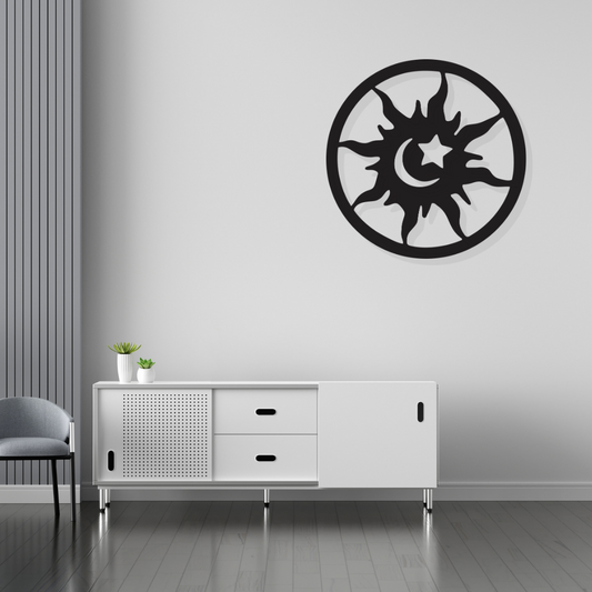 Artrooms Sun Moon Star Metal Wall Art - Wall Decoration | Wall Hanging | Black Matte Finish