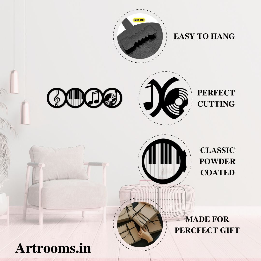 Artrooms Music Theme Metal Wall Art – 24x6 inch | Musical Notes & Instruments Wall Decor for Living Room, Studio, or Cafe