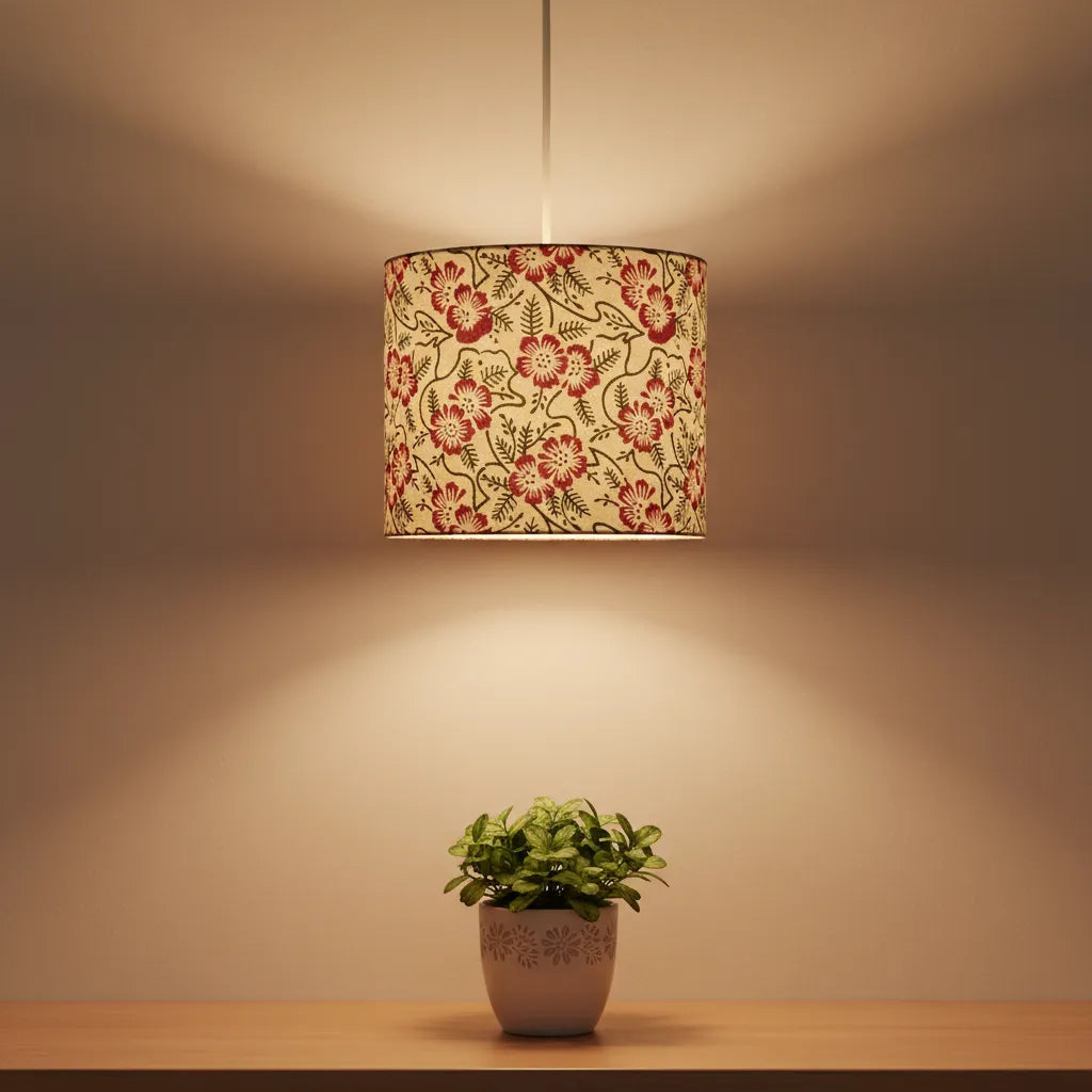 Fabric Lamp Shade – Floral Block Print Cotton Lampshade (Maroon & Green)