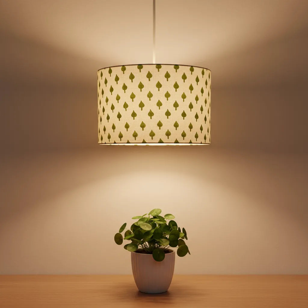 Fabric Lamp Shade – Green Leaf Block Print Cotton
