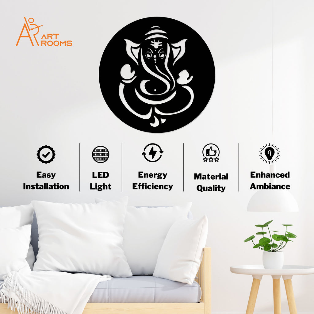 Lord Ganesha Metal Wall Art With LED Light – Easy Install Spiritual Wall Décor