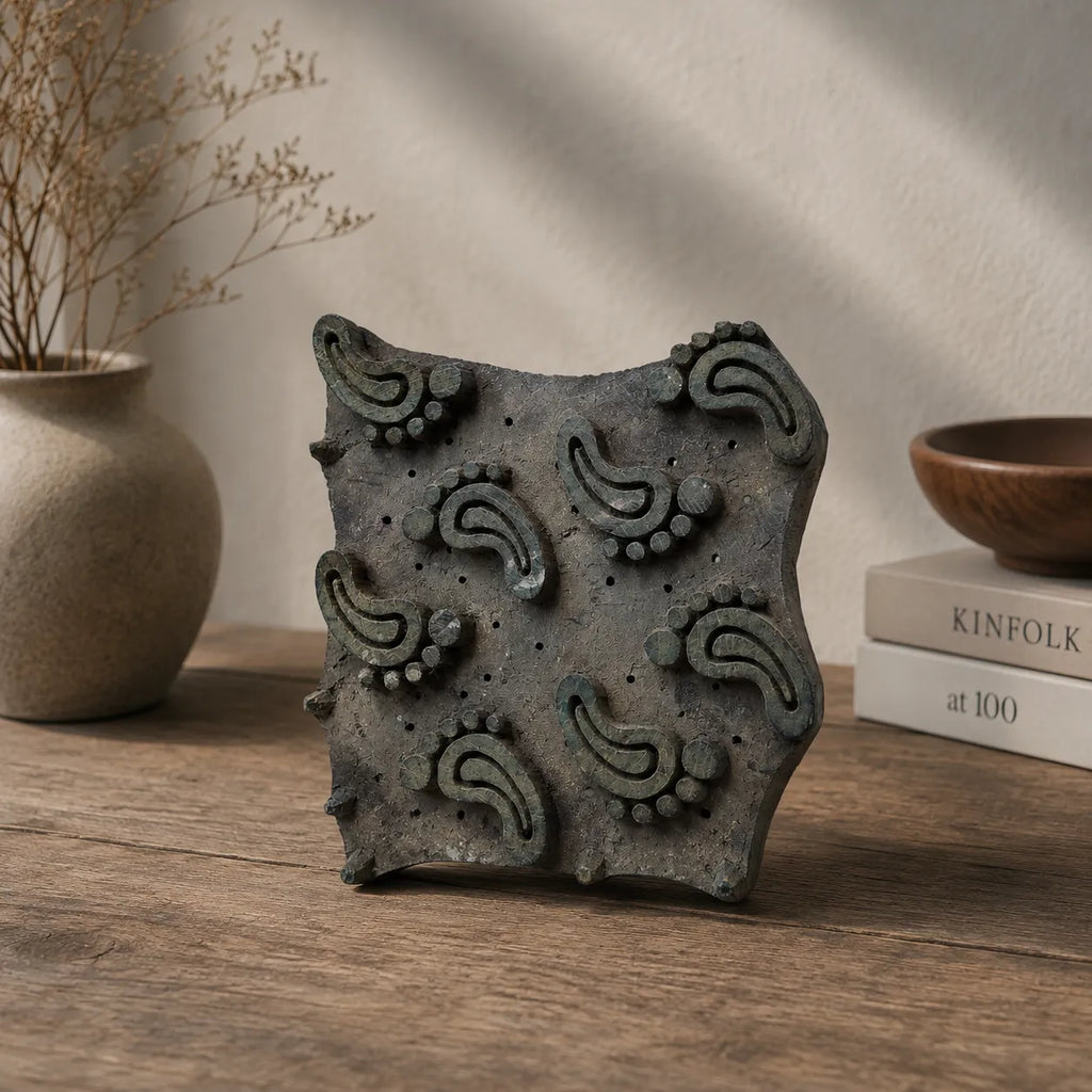 Vintage Hand-Carved Wooden Printing Block – Curling Paisley Cluster