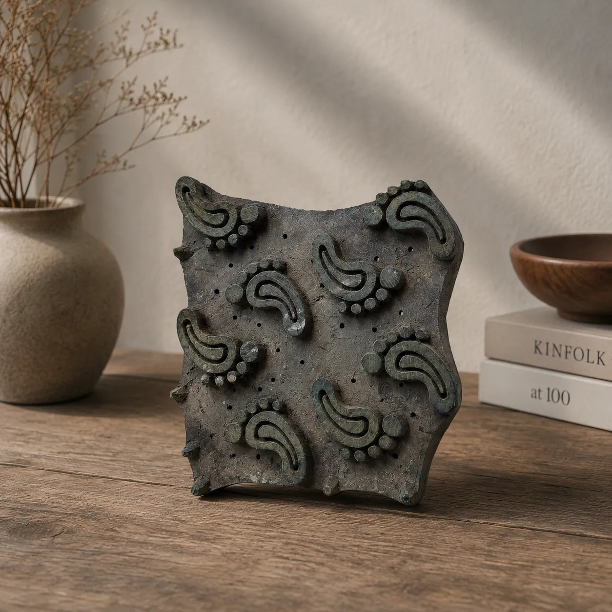 Vintage Hand-Carved Wooden Printing Block – Curling Paisley Cluster