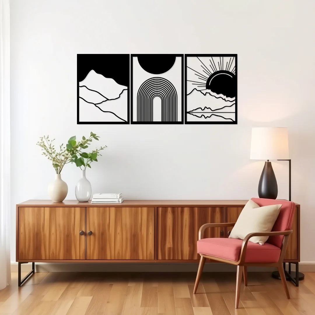 Artrooms Day & Night Scenery 3 Piece Metal Wall Art - Wall Decoration | Wall Hanging (27x12 inch) | Black Matte Finish