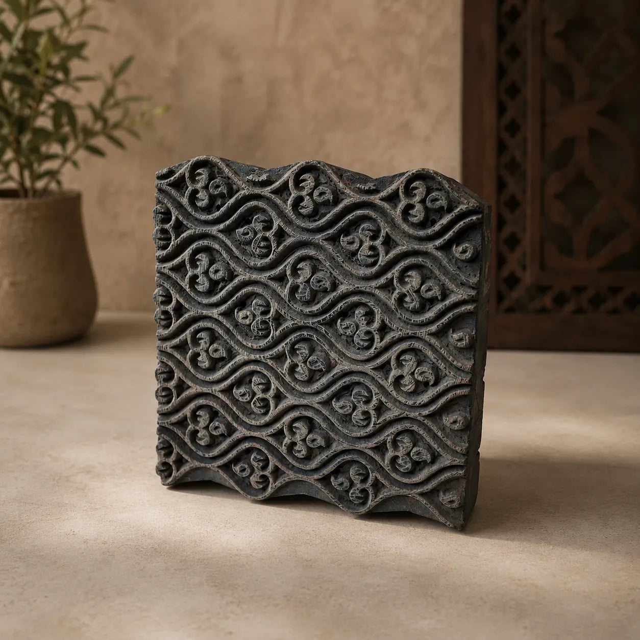 Vintage Hand-Carved Wooden Printing Block – Trefoil Wave Lattice
