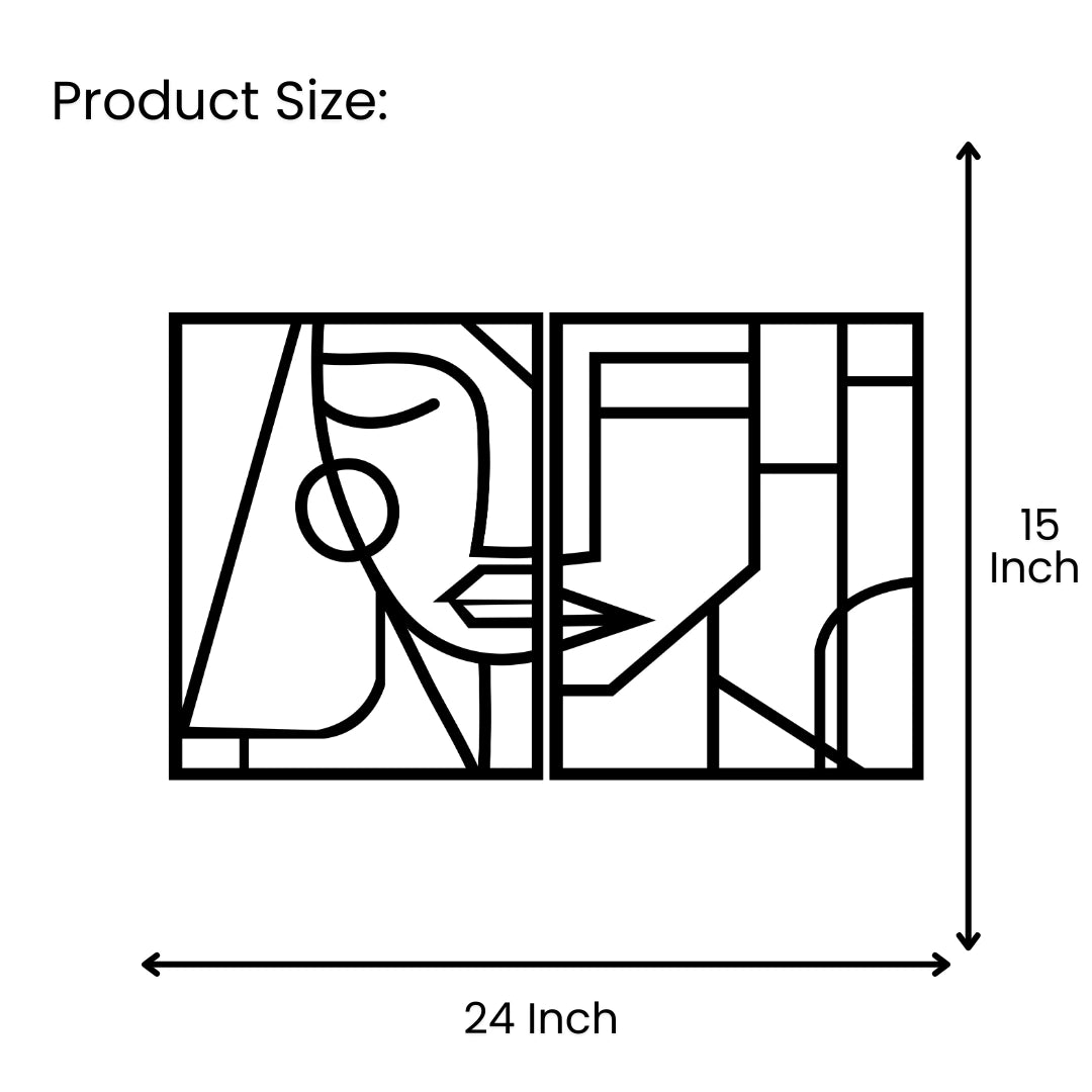 Abstract face line art metal wall decor size guide showing 24 inch width by 15 inch height