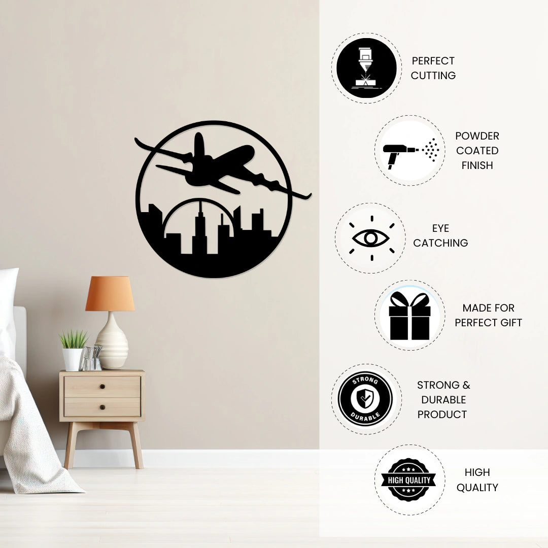 Airplane Skyline Metal Wall Art powder coated finish features
