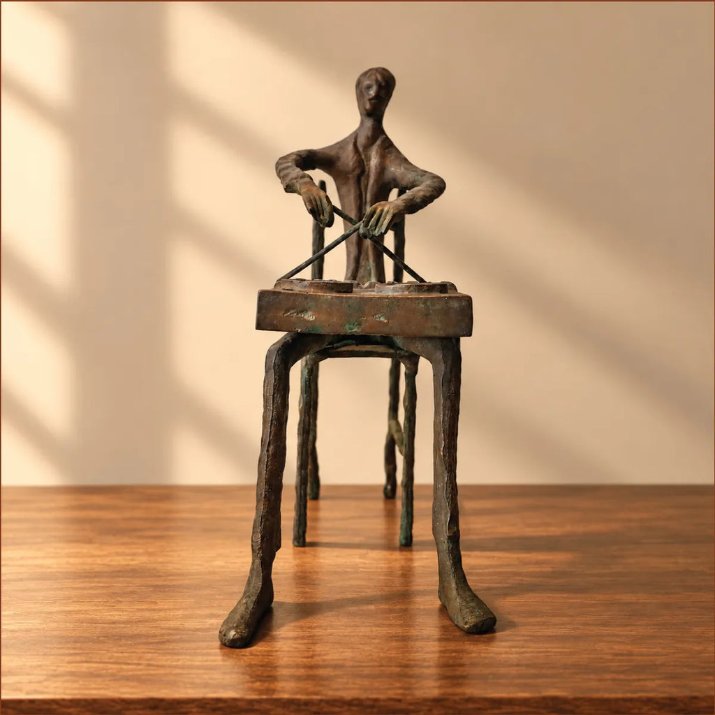 Antique brass tribal man playing drums figurine with hand-finished patina on a wooden table

