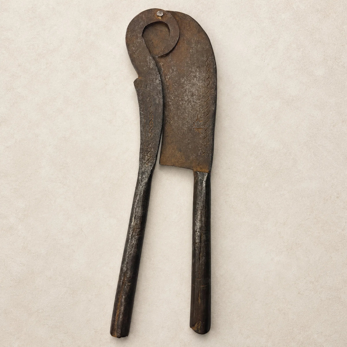 Antique nutcracker with rounded looped top with hand-engraved chevron border detail along the blade edges, front view on a textured surface
