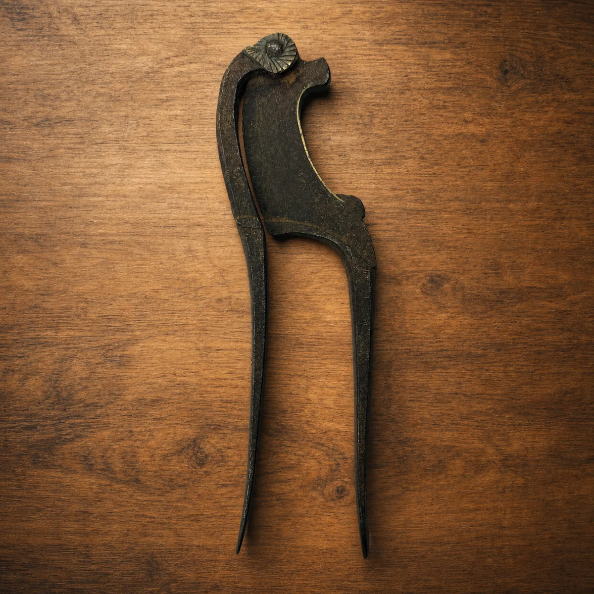 Antique nutcracker with slender curved profile with a decorative brass rosette rivet, front view on a textured surface
