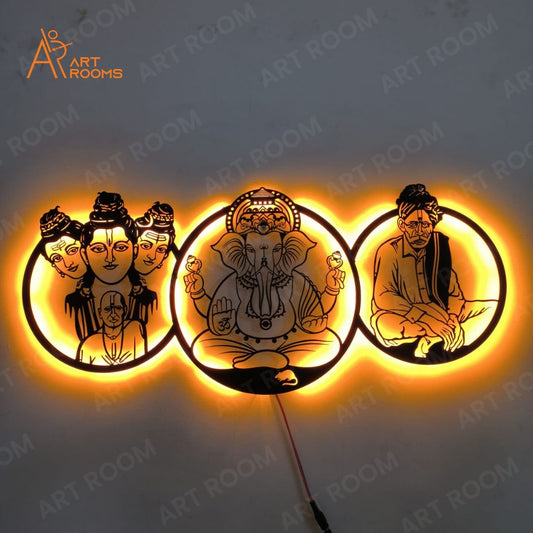 Artrooms Swami Samarth, Ganesha And Balu Mama Metal Wall Art With Light
