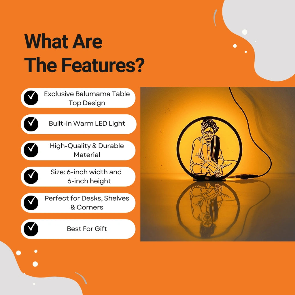 Balumama  Table Lamp features infographic showing warm LED, durable material, 6-inch size, and gift use