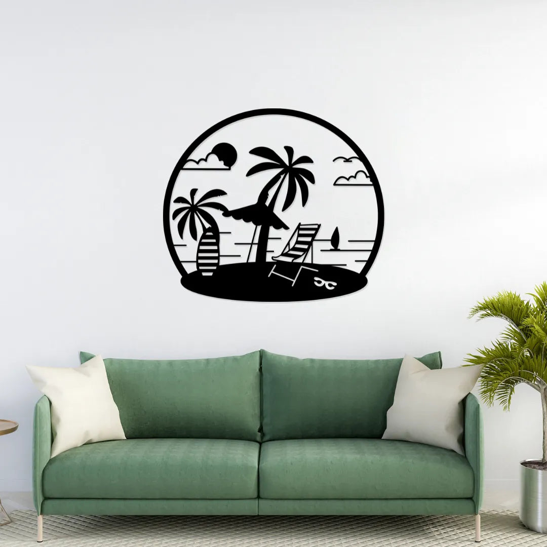 Beach scene metal wall art in living room