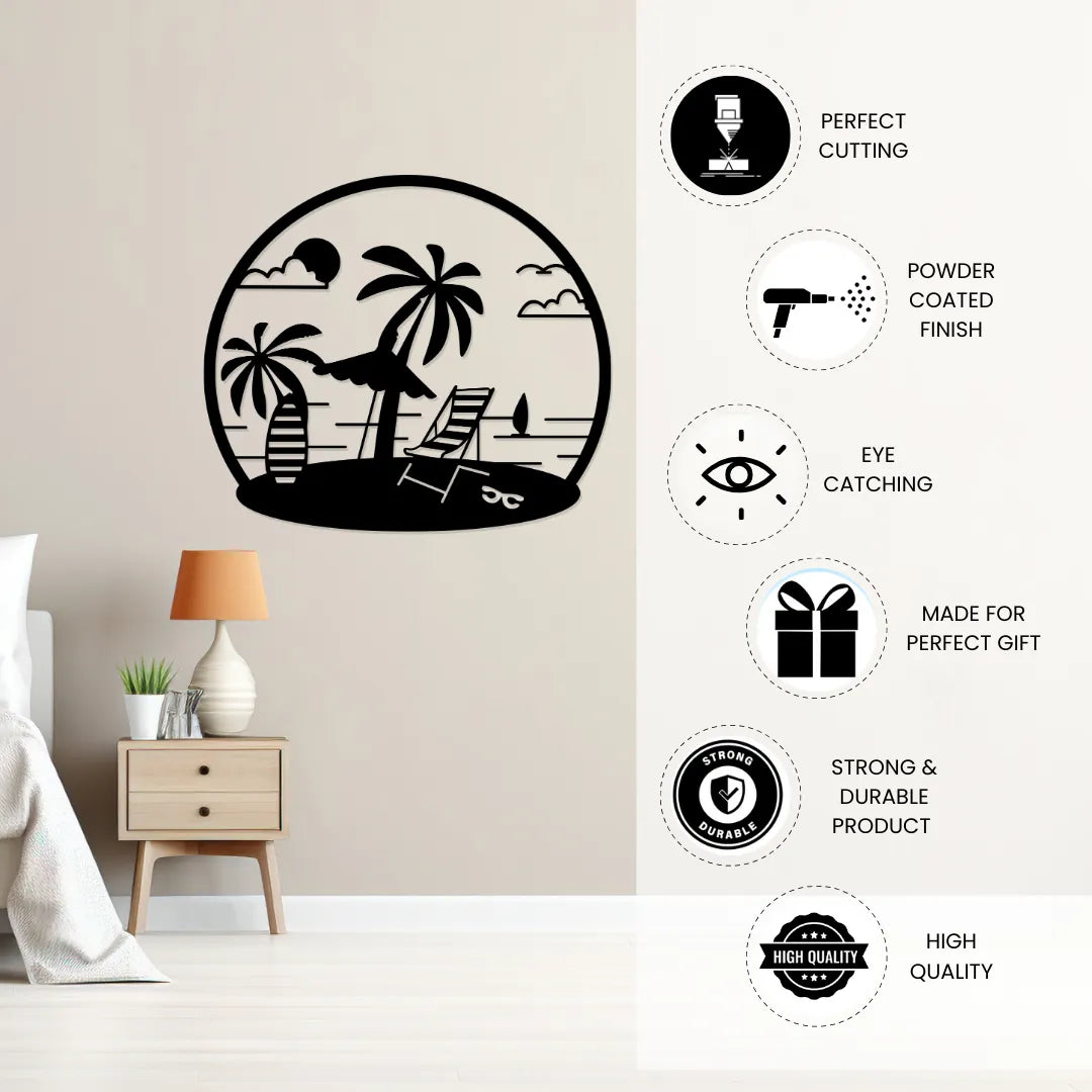 Beach scene metal wall art laser cut features