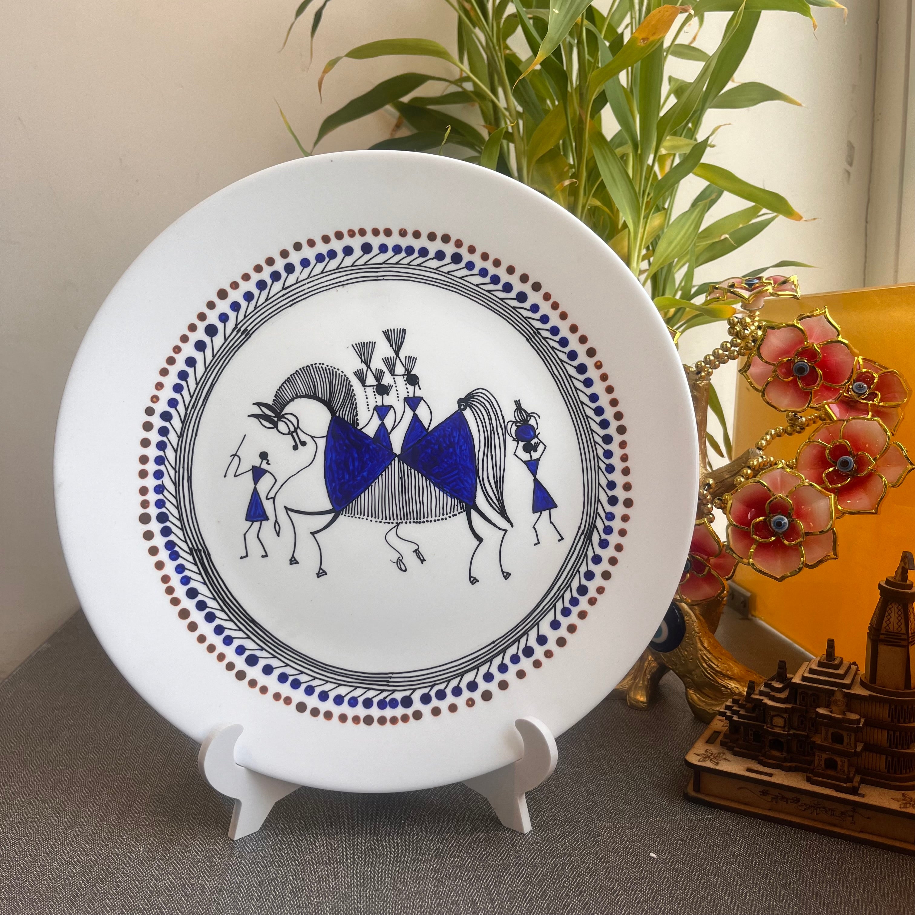 Artrooms Beautiful Wedding Horse Ceramic Hand Painted Warli Art - Wall Decor Plates