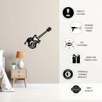 Black guitar metal wall decor with icons for cutting, powder coat, durability and gift-ready