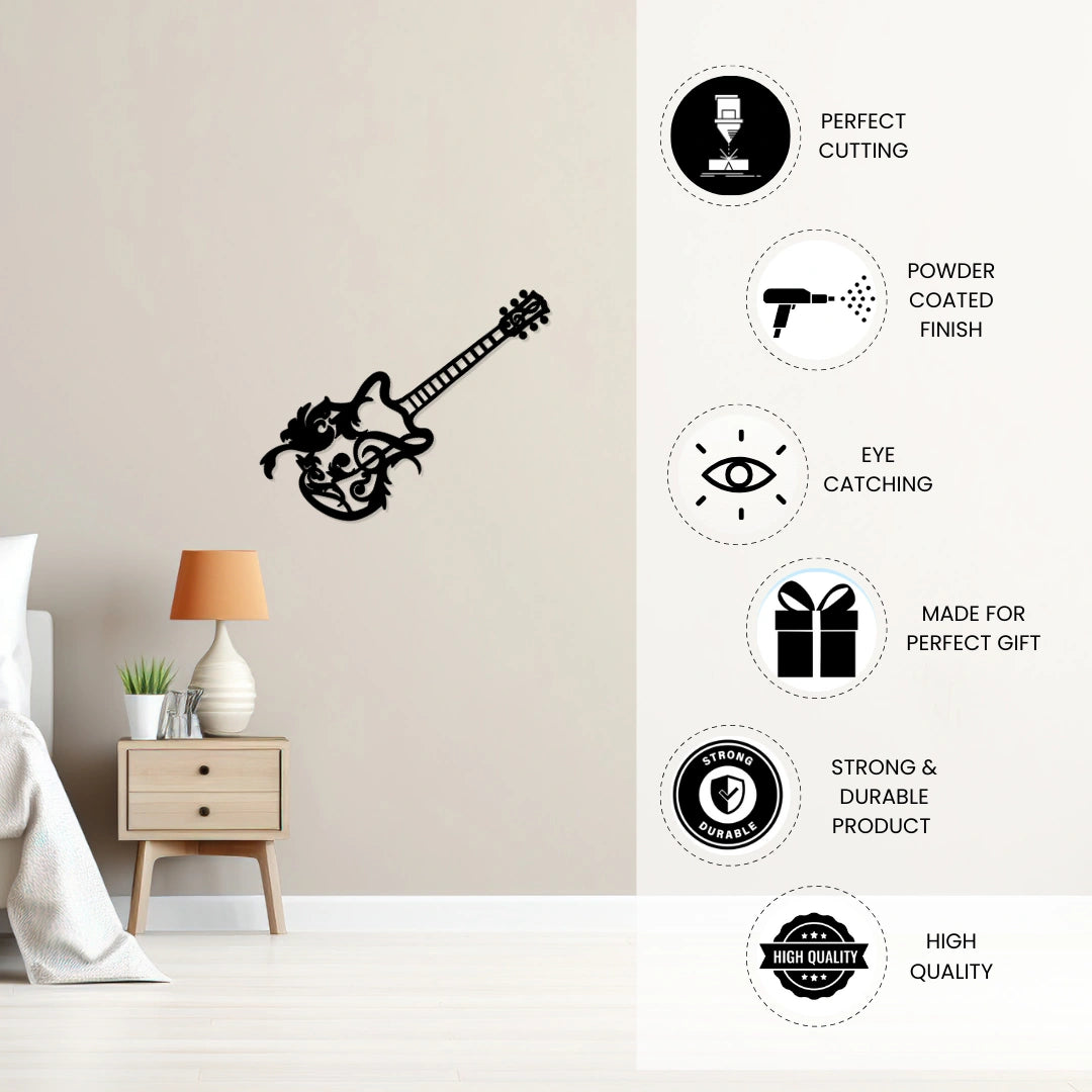 Black guitar metal wall decor with icons for cutting, powder coat, durability and gift-ready