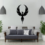 Black phoenix metal wall art decor hanging above sofa in living room
