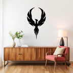 Black phoenix metal wall decor displayed above sideboard in modern living room