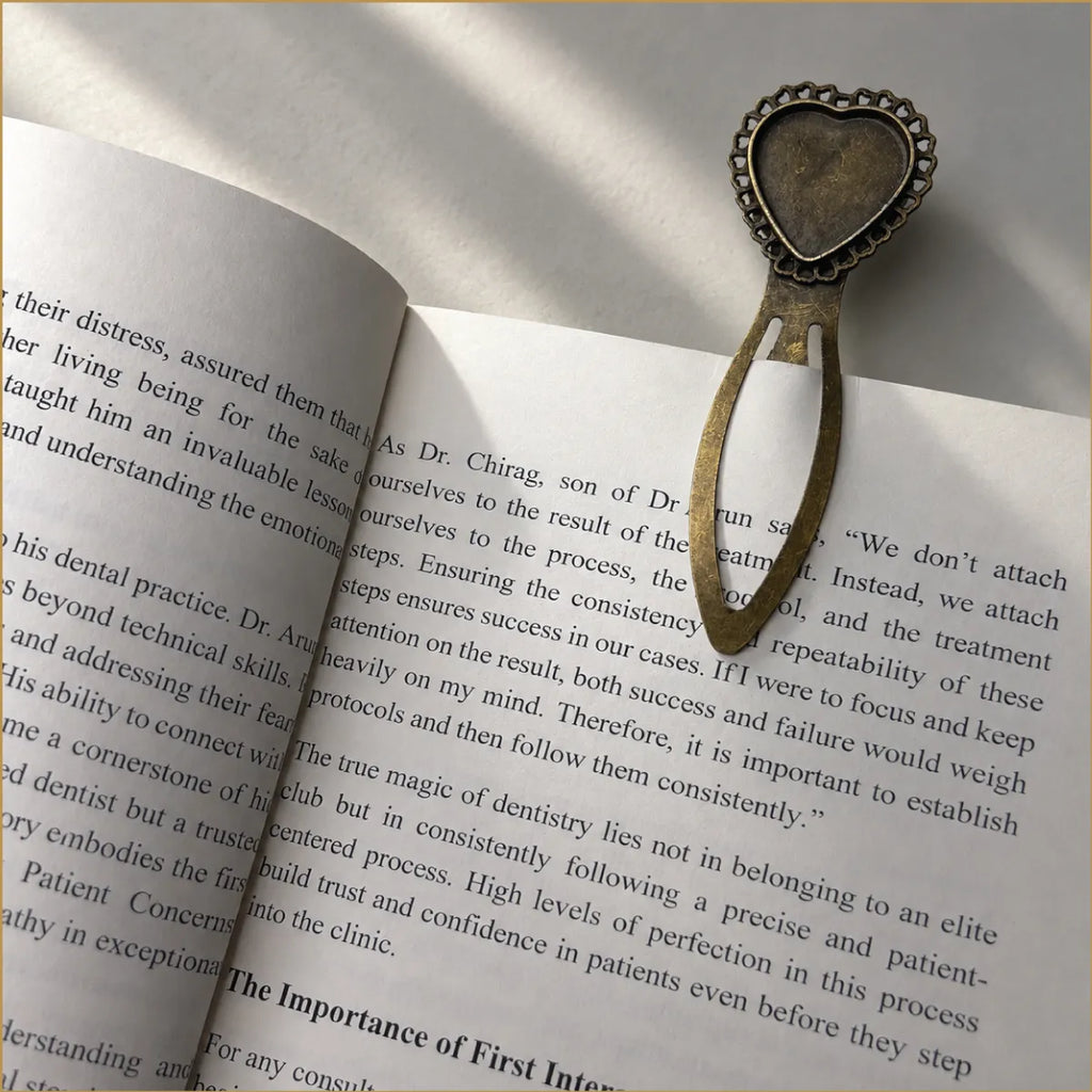 Antique Bronze Heart Lace Bookmark – Vintage Blank Bezel Gift