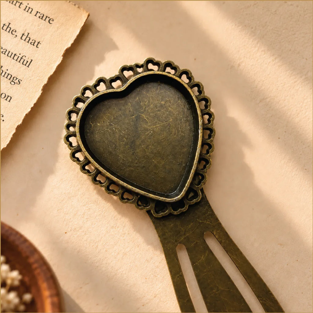 Antique Bronze Heart Lace Bookmark – Vintage Blank Bezel Gift